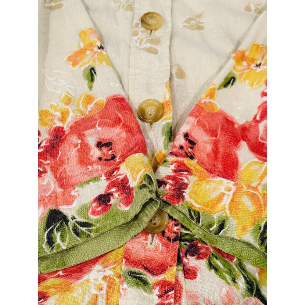 Linen Floral Button Up Jacket Top Women’s 12 Tan Pink Lagenlook Lightweight - Picture 6 of 10